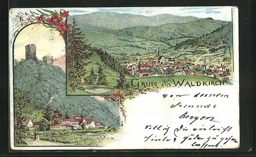 Lithographie Waldkirch, Panoramablick auf Ort und Umgebung, Blick zur Ruine