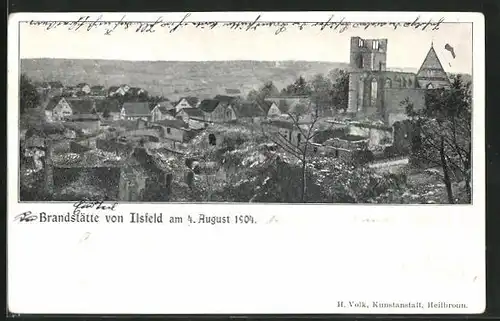 AK Ilsfeld, Brandkatastrophe 1904, Ansicht der niedergebrannten Ortschaft