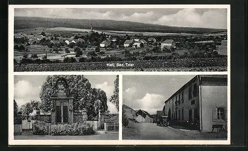 AK Kell, Am Kriegerdenkmal, Strassenpartie im Ort, Blick auf das Dorf