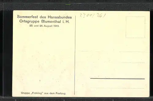 Künstler-AK Blumenthal i. H., Sommerfest des Hansabundes 1913, Gruppe aus dem Festzug