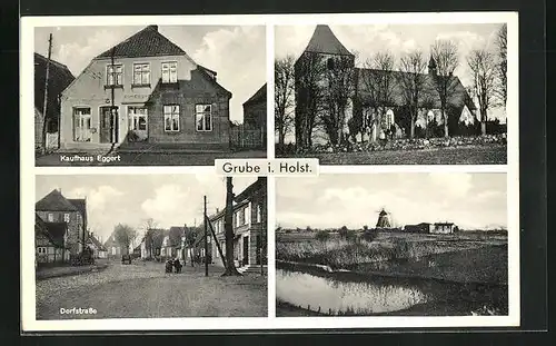 AK Grube i. Holst., Kaufhaus Eggert, Dorfstrasse, Ortspartie mit Windmühle