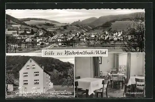 AK Niederbreitbach / Wied, Panorama, Penaion Schneider mit Innenansicht
