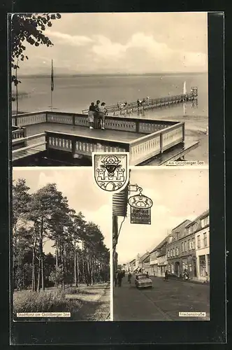 AK Goldberg / Meckl., Seebrücke am Goldberger See, Friedensstrasse, Stadtforst