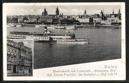 AK Mainz, Rheinansicht mit Gaststätte Altmünster Hof, Raddampfer Bismarck