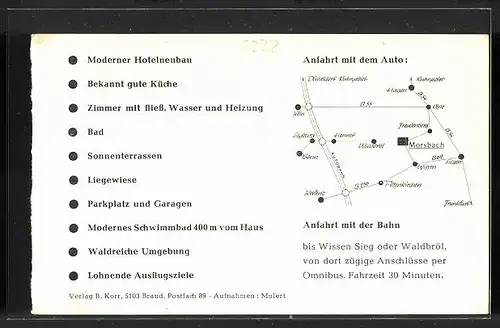 AK Morsbach, Hotel Matschke mit Speisezimmer, Terrasse und Konferenzzimmer, Ortsansicht