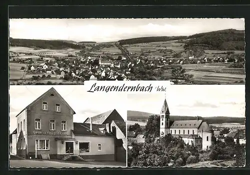 AK Langendernbach / Ww., Gasthof und Metzgerei Ferdinand Heep, Kirche, Teilansicht