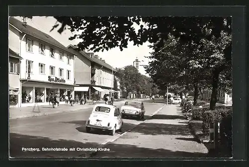 AK Penzberg, Bahnhofstrasse mit Christkönig-Kirche