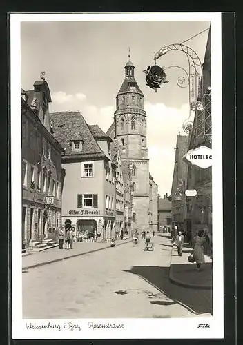AK Weissenburg i. Bay., Rosenstrasse mit Kirche, Hotel & Ladengeschäft