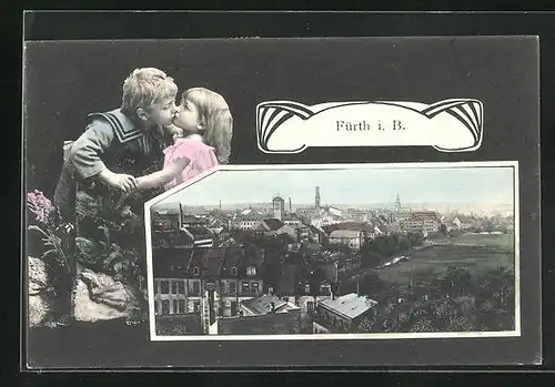 AK Fürth i. B., Panorama und sich küssende Kinder