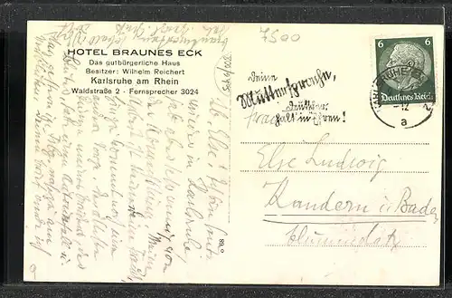 AK Karlsruhe, Hotel Braunes Eck, Waldstrasse 2