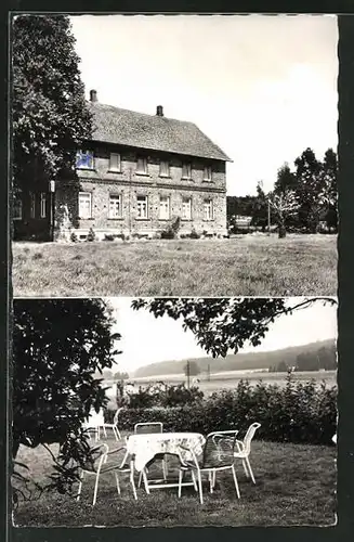 AK Sentrup, Blick auf Gast- und Pensionshaus Zum Freden, Esstisch im Garten