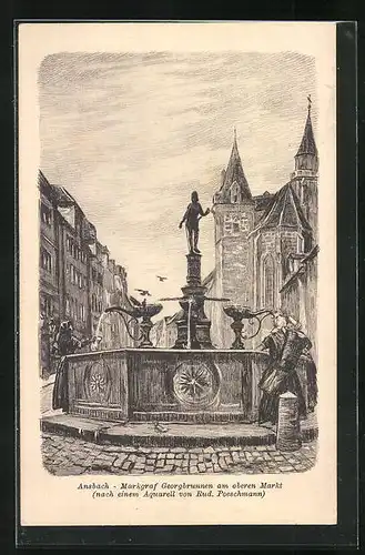 AK Ansbach, Partie auf dem Oberen Markt mit Markgraf Georgbrunnen