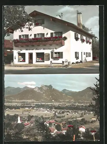 AK Degerndorf a. Inn, Ortsansicht aus der Vogelschau mit Alpenpanorama, Fritz Moser`s Bäckerei-Konditorei