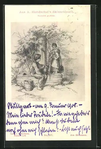 Künstler-AK Albert Hendschel: Frau mit Mann und Mädchen am Brunnen
