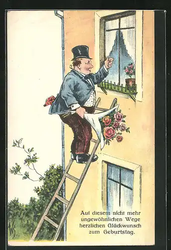 Künstler-AK Willi Scheuermann: Mann auf einer Leiter klopft ans Fenster, Geburtstagsgruss