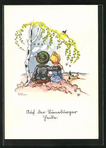 Künstler-AK Liesel Lauterborn: Liebespaar geniesst die romantische Zweisamkeit in der Lüneburger Heide