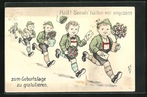 Künstler-AK Willi Scheuermann: Jungen mit Blumen, Kuvert und Geschenk, Geburtstagsgruss