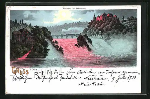 Lithographie Rheinfall bei Beleuchtung, Wasserfall