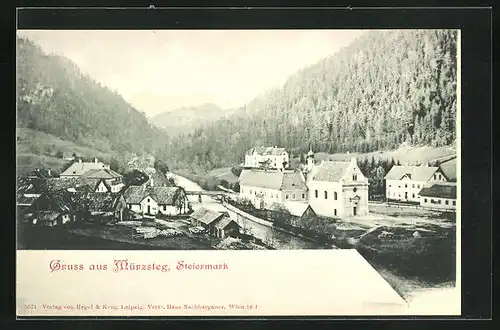 AK Mürzsteg, Ortsansicht mit Flusslauf und Brücke