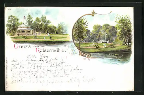 Lithographie Mönchengladbach, Gasthaus Kaisermühle, Partie im Garten
