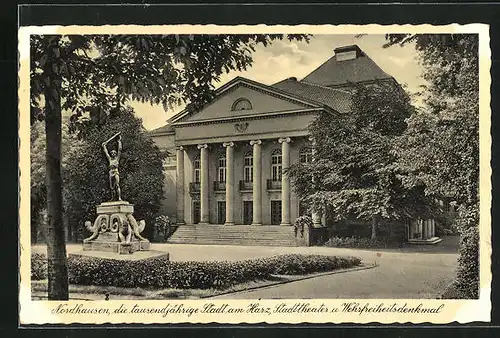 AK Nordhausen, Stadttheater und Wehrfreiheitsdenkmal