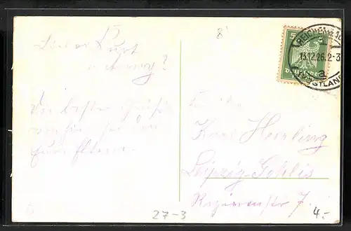 Lied-AK Hilmar Mückenberger: Mei Vogtland is doch wundersche in Text- und Notenzeilen, Liebespaar in Tracht