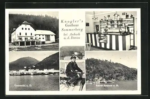 AK Aschach a. d. Donau, Knogler`s Gasthaus Sommerberg, Innenansicht, Schloss Neuhaus