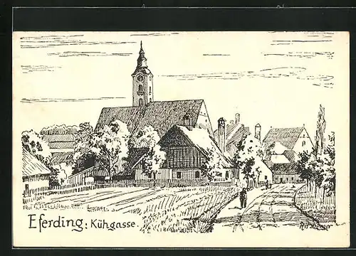 AK Eferding, Ortspartie mit Blick in die Kühgasse und zur Kirche