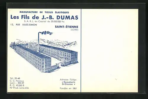 AK Saint-Étienne, Manufacture de Tissus Élastiques Les Fils de J.-B. Dumas, 12 Rue Jules-Simon