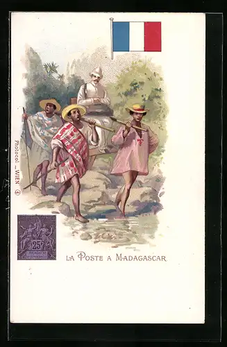 Künstler-AK Brief, Landesflagge, La Poste a Madagascar, der Postbote wird getragen