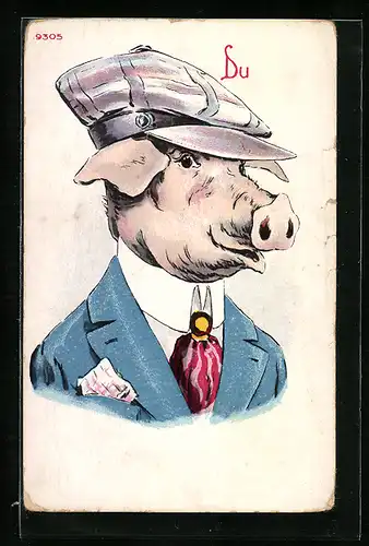 Künstler-AK Bruno Bürger & Ottillie Nr.: Vermenschlichtes Schwein mit Mütze und Anzug