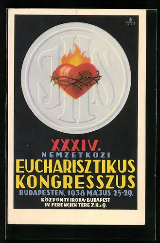 Künstler-AK Budapest, XXXIV. Nemzetközi Eucharisztikus Kongresszus 1938, Brennendes Herz