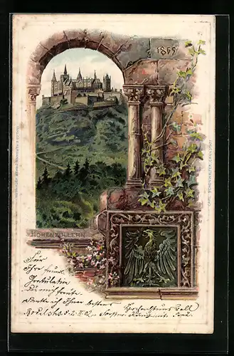 Passepartout-Lithographie Bisingen, Burg Hohenzollern, durch ein Burgfenster gesehen, Reichsadler