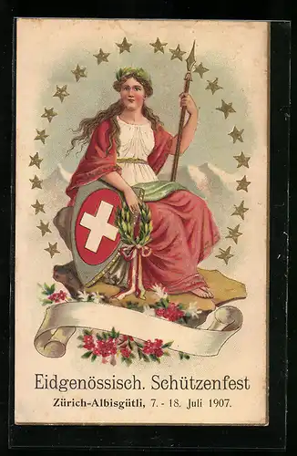AK Embrach, Turntag 1908, Helvetia mit Wappenschilf und Speer