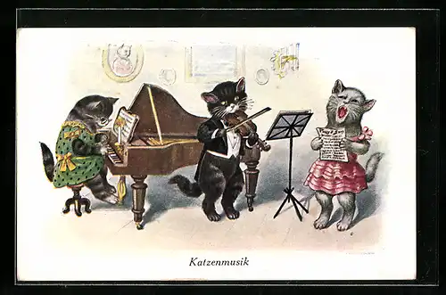 Künstler-AK Katzenmusik, Katzen am Klavier, mit Geige und singend