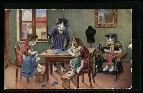 Künstler-AK Katzen beim Schneidern, vermenschlichte Tiere