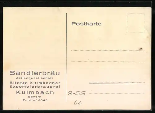Künstler-AK Kulmbach / Bayern, Erstmalige Ausfuhr anch Sachsen durch die Brauerei Sandler 1831, Kulmbacher Sandler