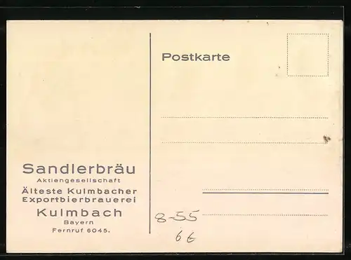 Künstler-AK Kulmbach / Bayern, Erstmalige Ausfuhr anch Sachsen durch die Brauerei Sandler 1831, Kulmbacher Sandler