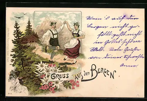 Lithographie Tanzendes Paar in Trachten