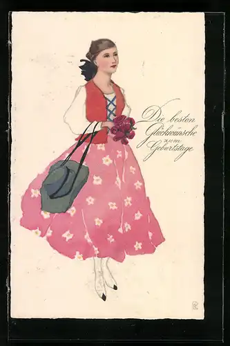 Künstler-AK Meissner & Buch (M&B) Nr. 2387: Fräulein in geblümten rosa Rock