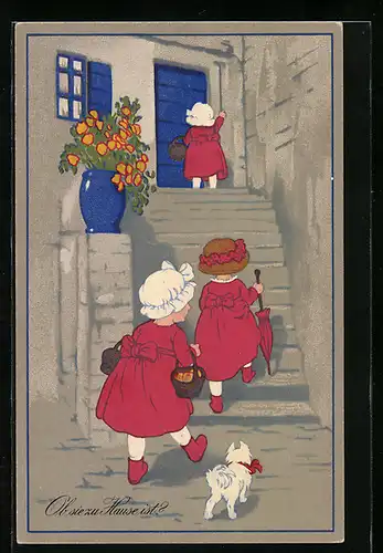 Künstler-AK Meissner & Buch (M&B) Nr. 2245: Ob sie zu Hause ist?, Mädchen in roten Kleidern, Hund