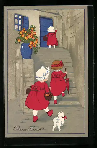 Künstler-AK Meissner & Buch (M&B) Nr. 2245: Ob sie zu Hause ist?, Mädchen in roten Kleidern, Hund