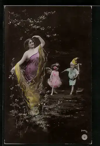 AK Zwerg und Fee folgen einer Frau im rosanen Kleid