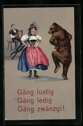 AK Gäng lustig, gäng ledig, gäng zwänzgi!, Schweizerin und tanzender Bär