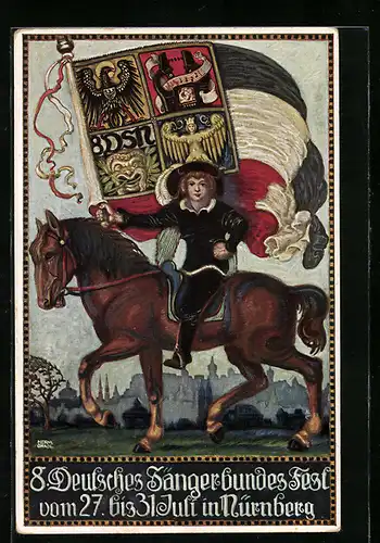 AK Nürnberg, 8. Deutsches Sängerbundesfest 1912, Mann auf Pferd mit Wappenfahne
