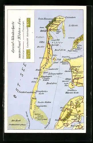 Künstler-AK Hiddensee, Landkarte der Insel, Ziele für Wanderungen