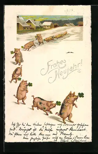 AK Schweine wandern mit Glücksklee ins neue Jahr
