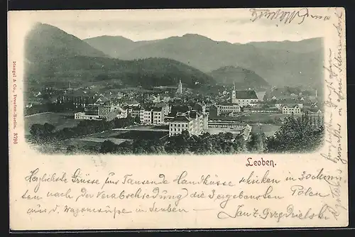 AK Leoben, Totalansicht mit Bergen aus der Vogelschau