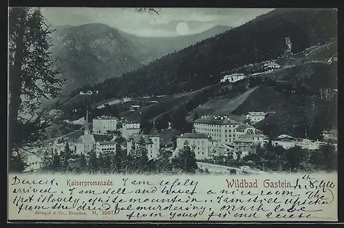 Mondschein-AK Wildbad Gastein, Kaiserpromenade aus der Vogelschau