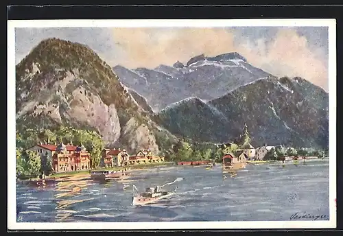 Künstler-AK Weissenbach am Attersee, Ortspanorama mit Dampfschiff